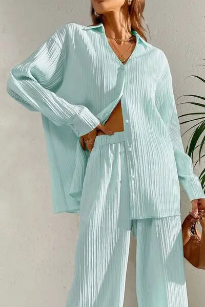 'Ember' Button Down Top and Pants Set - Celes Fashion